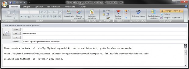 Zipsend und E-Mailintegration in Winzip 17 (Bild: Corel)